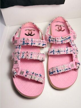 CHANEL Pink Tweed Strappy Logo Sandals